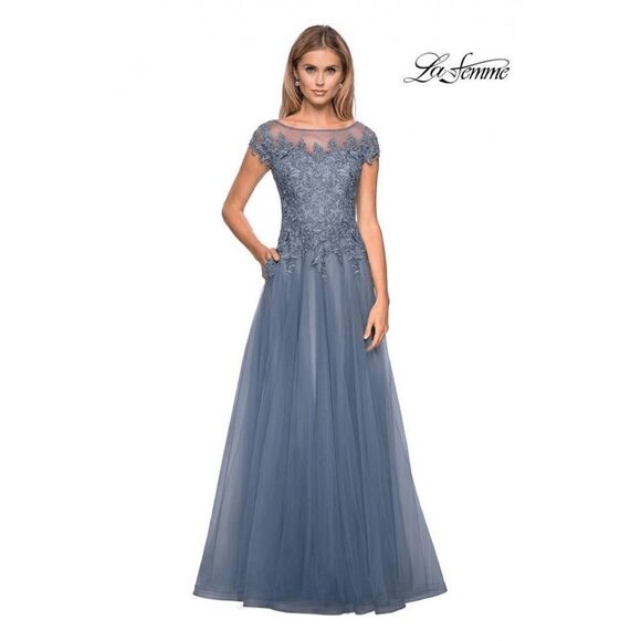 La Femme Formal Blue Cap Sleeve Lace Event Ball Gown Beaded Embellished Size 8